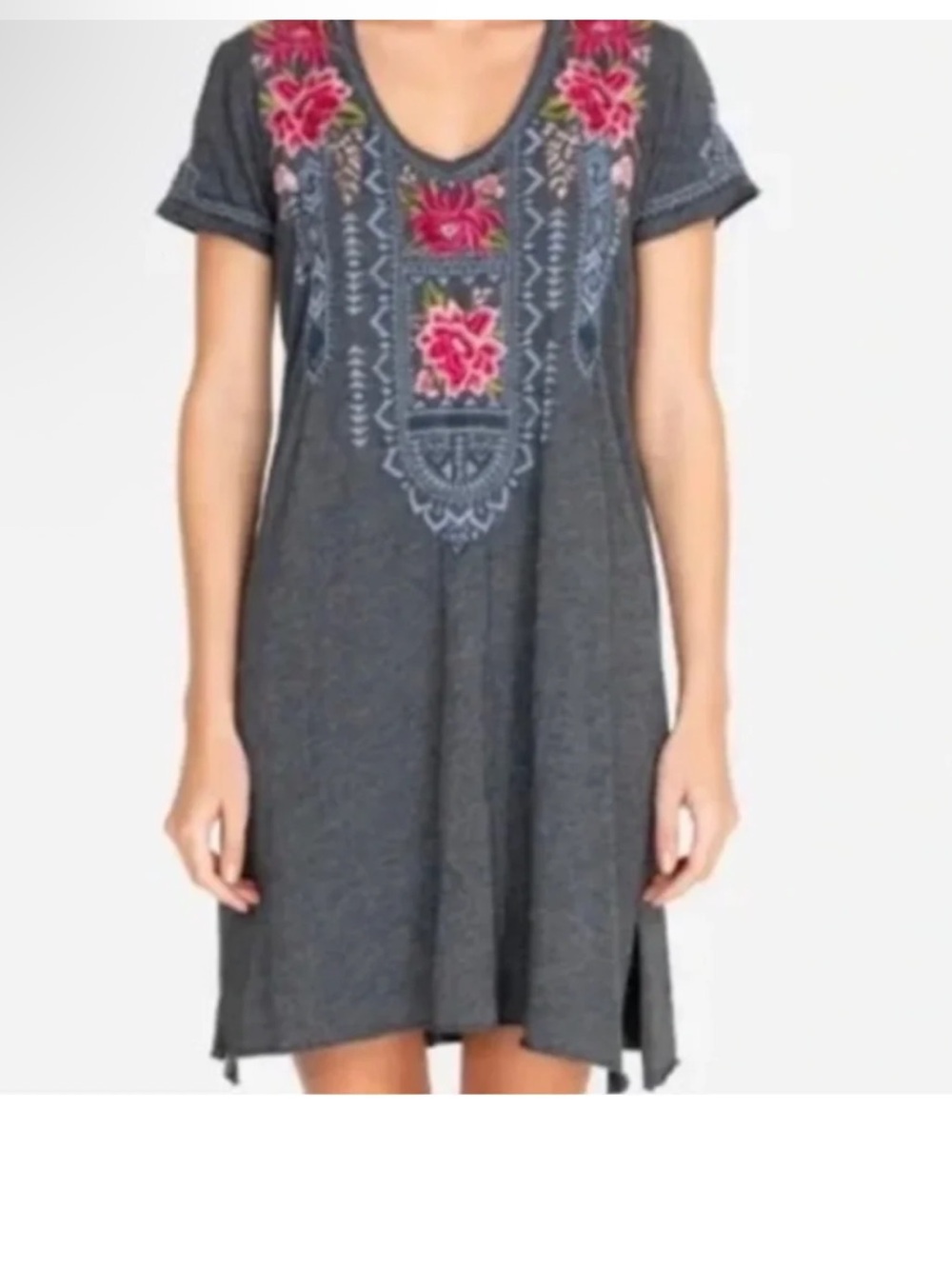 Johnny was women’s size small Davis drape embroidered Charcoal Dress Floral